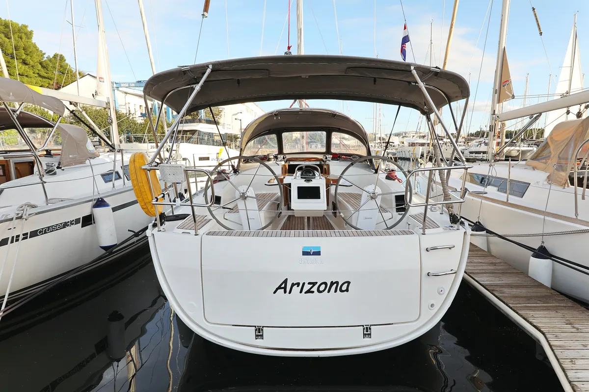 Exterior view of Arizona, a Bavaria Cruiser 34 sailboat at Grad Vodice, Croatia