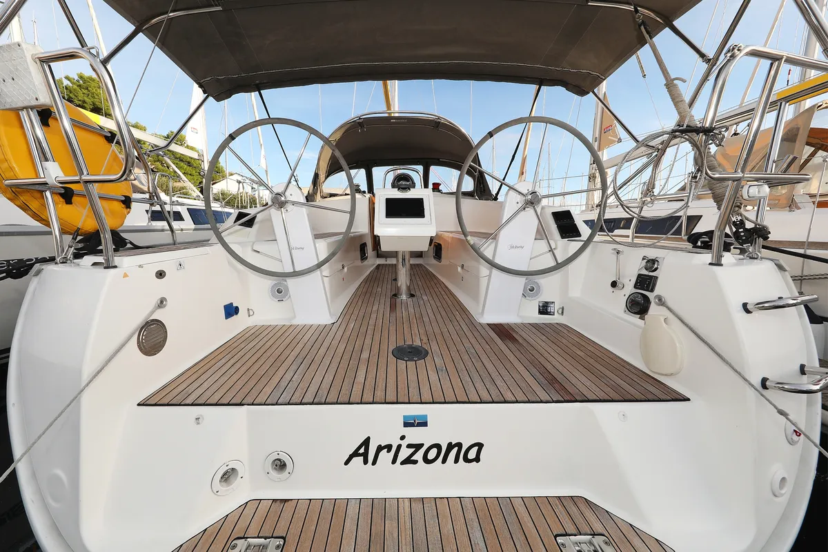 Cockpit of Arizona, a Bavaria Cruiser 34 sailboat at Grad Vodice, Croatia