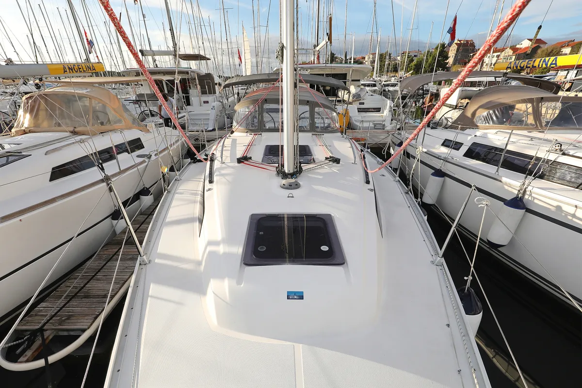Deck of Arizona, a Bavaria Cruiser 34 sailboat at Grad Vodice, Croatia