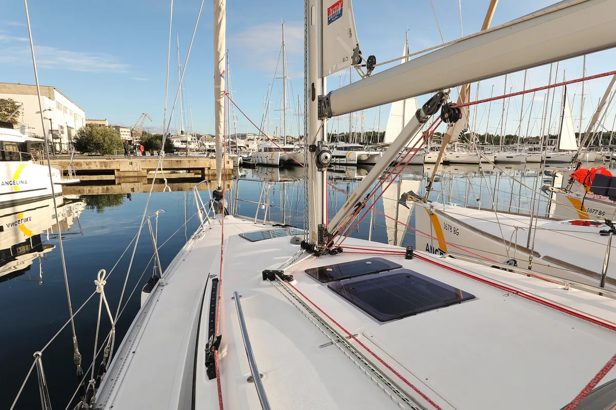 Deck of Arizona, a Bavaria Cruiser 34 sailboat at Grad Vodice, Croatia
