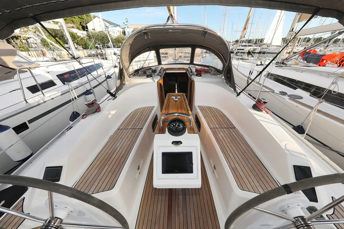 Cockpit of Arizona, a Bavaria Cruiser 34 sailboat at Grad Vodice, Croatia