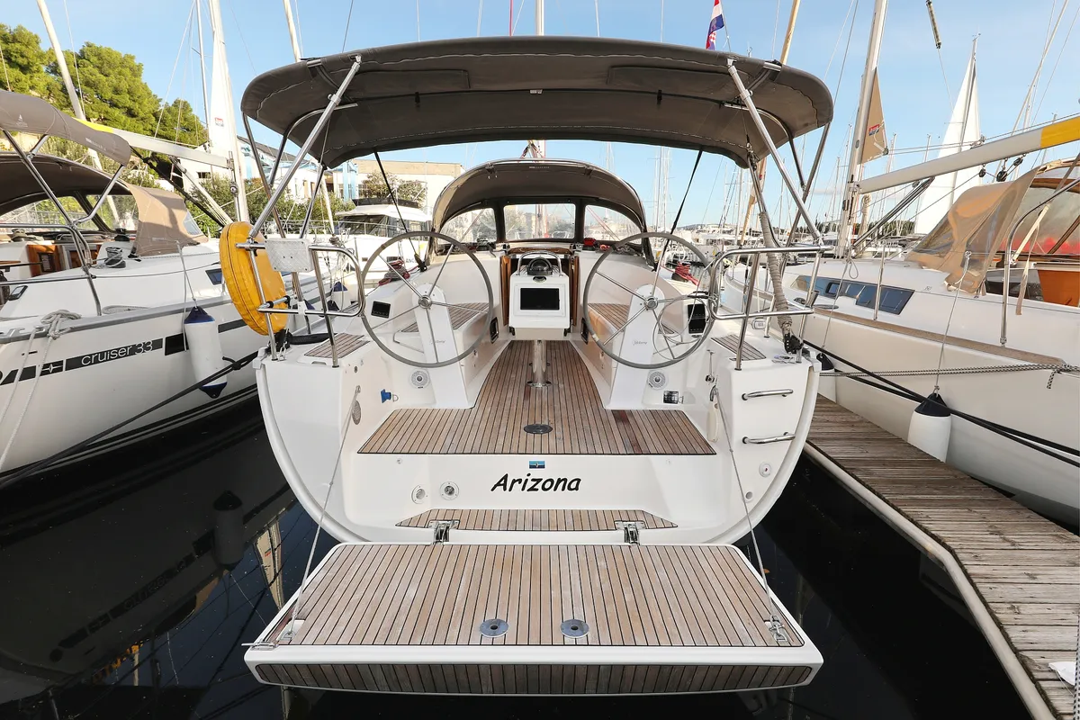 Cockpit of Arizona, a Bavaria Cruiser 34 sailboat at Grad Vodice, Croatia