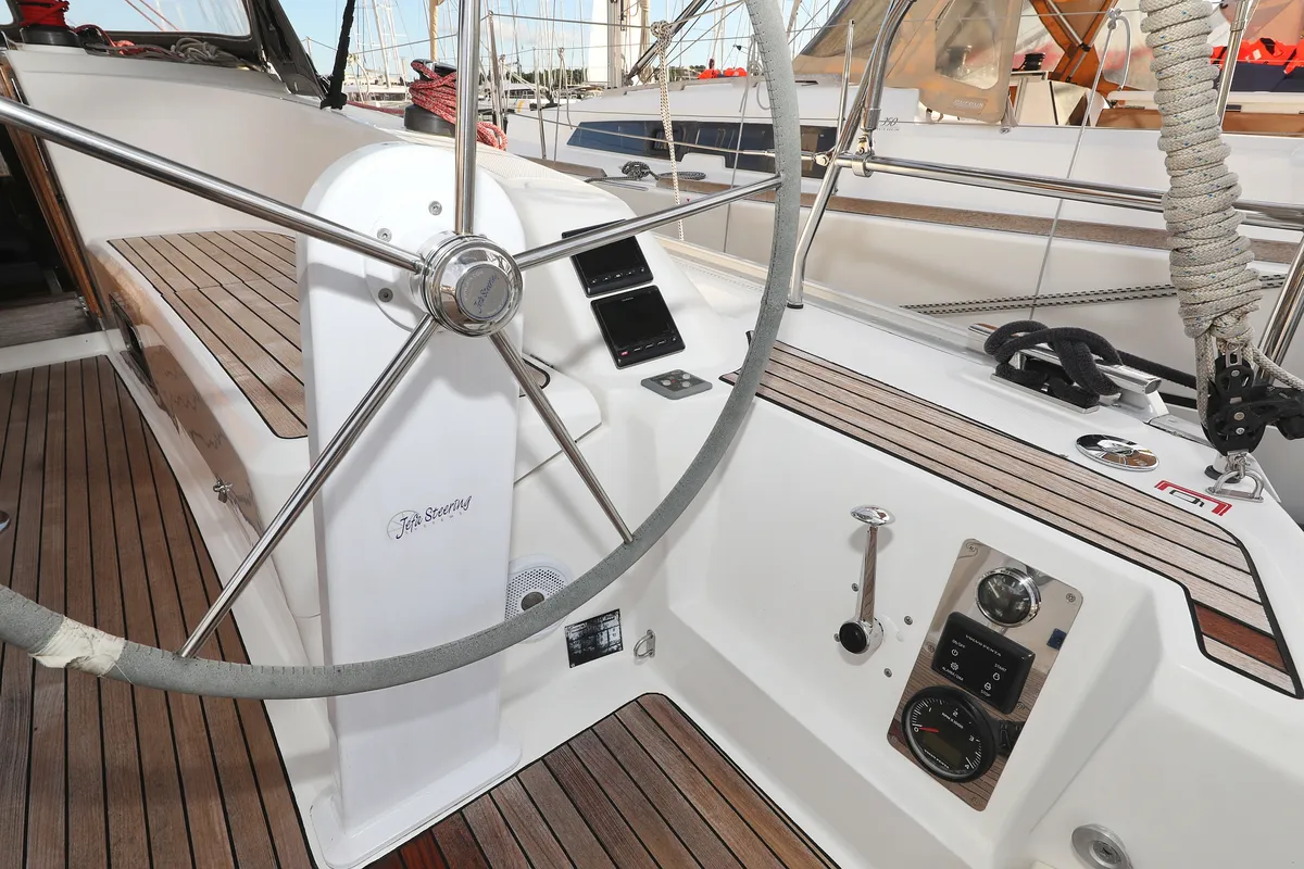 Cockpit of Arizona, a Bavaria Cruiser 34 sailboat at Grad Vodice, Croatia