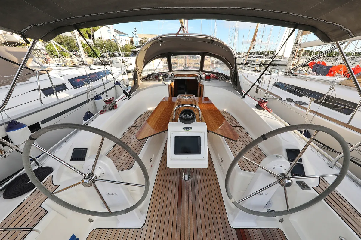 Cockpit of Arizona, a Bavaria Cruiser 34 sailboat at Grad Vodice, Croatia