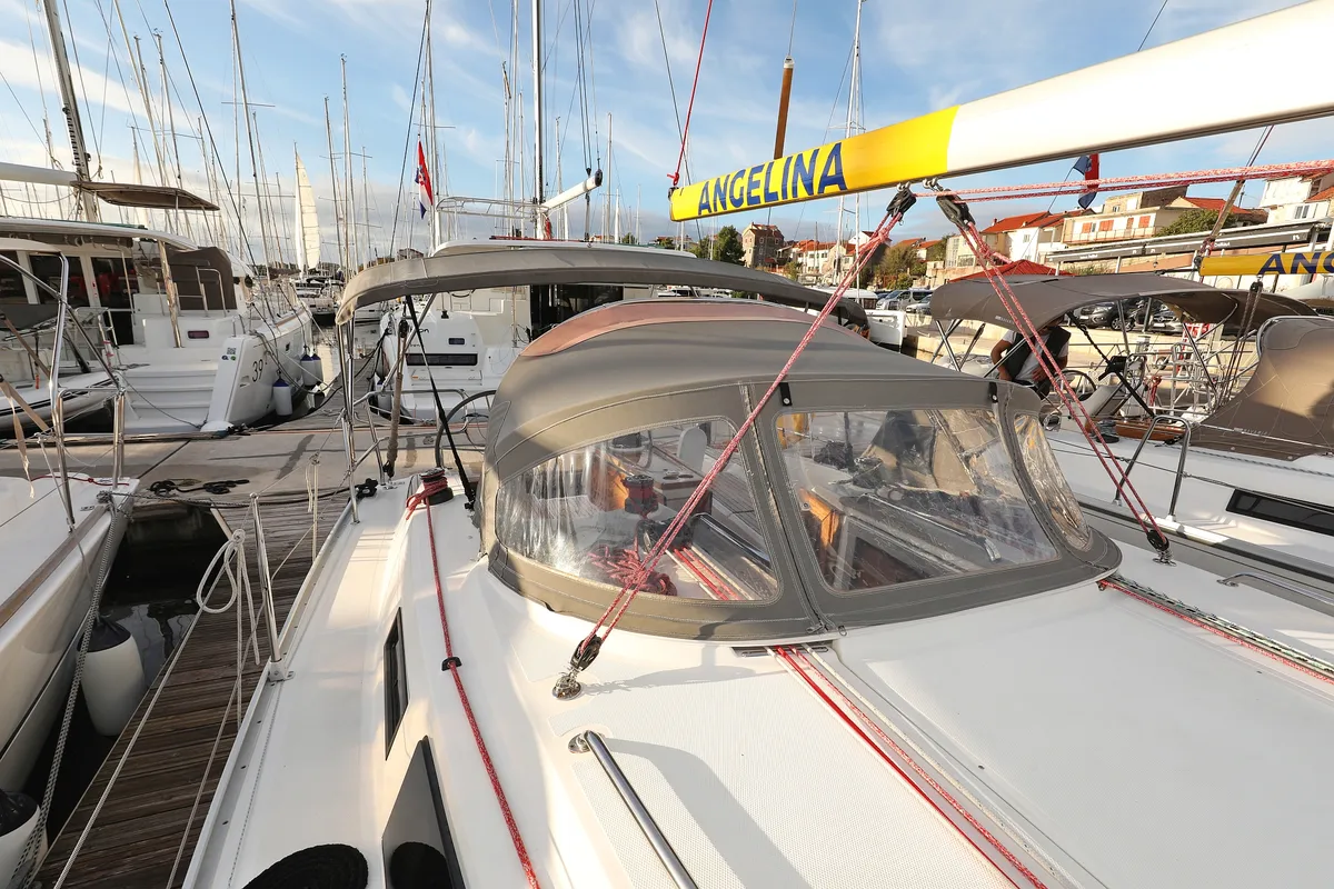 Deck of Arizona, a Bavaria Cruiser 34 sailboat at Grad Vodice, Croatia