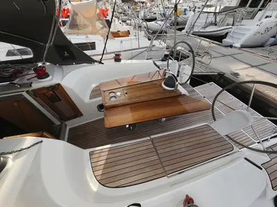 Deck of Arizona, a Bavaria Cruiser 34 sailboat at Grad Vodice, Croatia