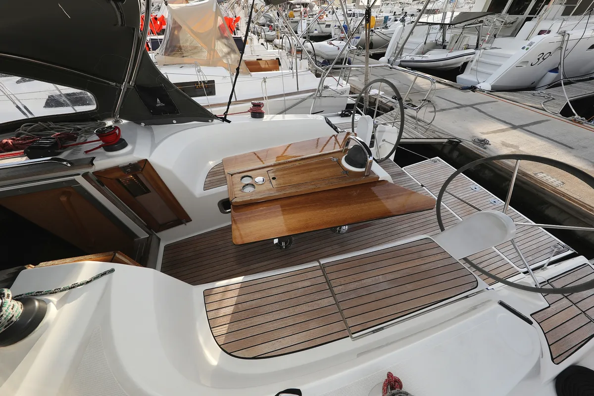 Deck of Arizona, a Bavaria Cruiser 34 sailboat at Grad Vodice, Croatia