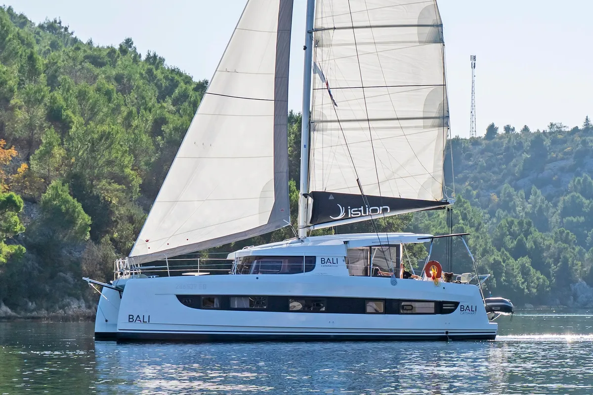 Exterior view of First Toy, a Bali Catsmart catamaran at Skradin, Croatia