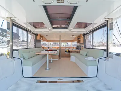 Salon of First Toy, a Bali Catsmart catamaran at Skradin, Croatia