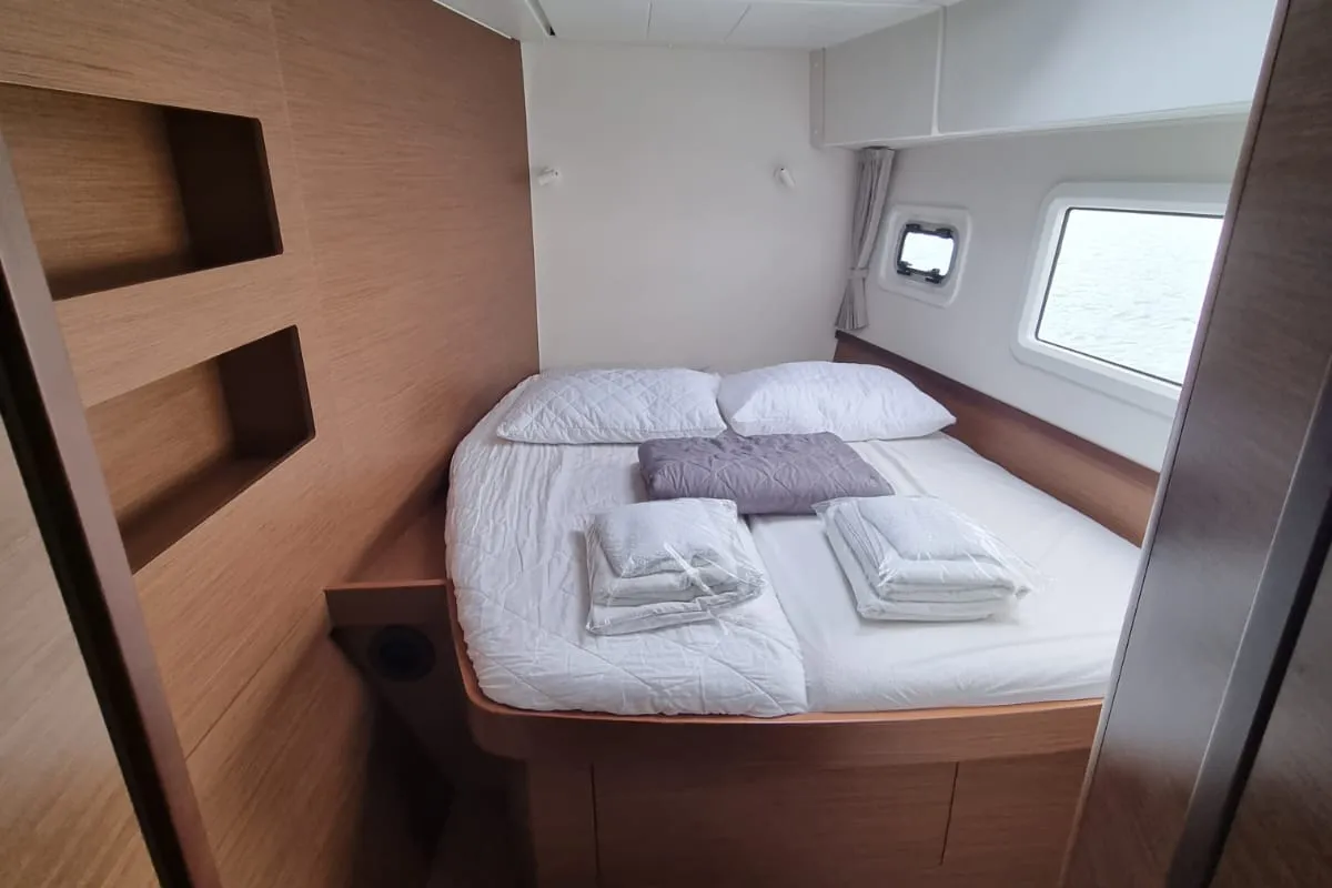 Exterior view of Mojito, a Lagoon 42 catamaran at Preveza, Greece
