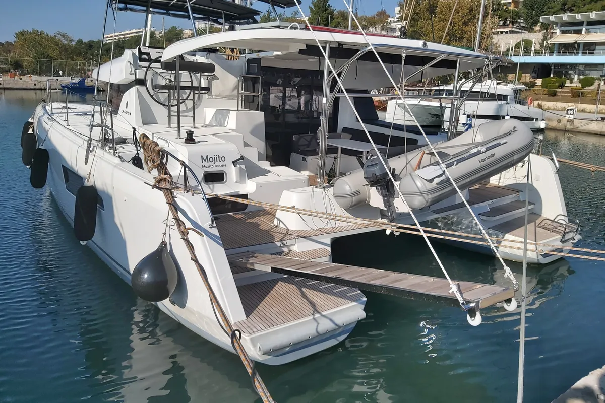 Exterior view of Mojito, a Lagoon 42 catamaran at Preveza, Greece