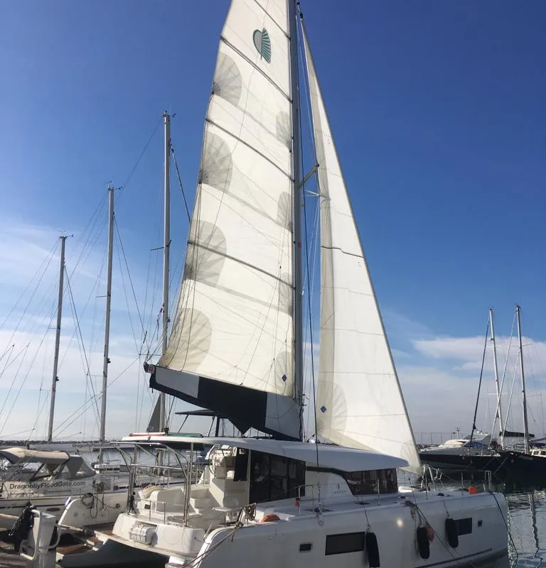 Exterior view of Mojito, a Lagoon 42 catamaran at Preveza, Greece