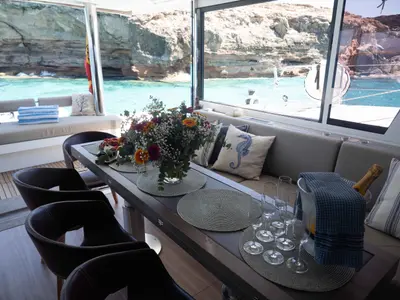 Salon of Mim Ocean 3, a Bali 5.4 catamaran at Port d'Andratx, Spain