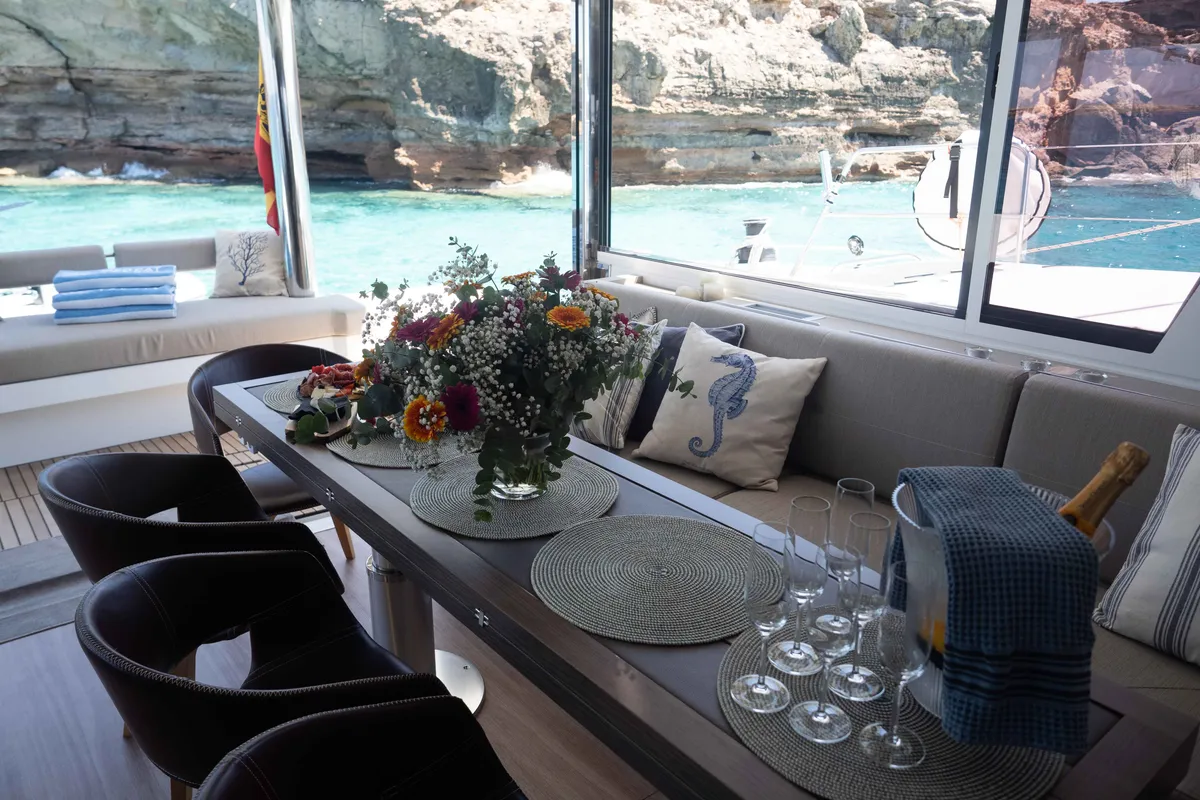 Salon of Mim Ocean 3, a Bali 5.4 catamaran at Port d'Andratx, Spain
