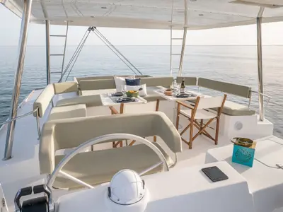 Cockpit of Mim Ocean 3, a Bali 5.4 catamaran at Port d'Andratx, Spain