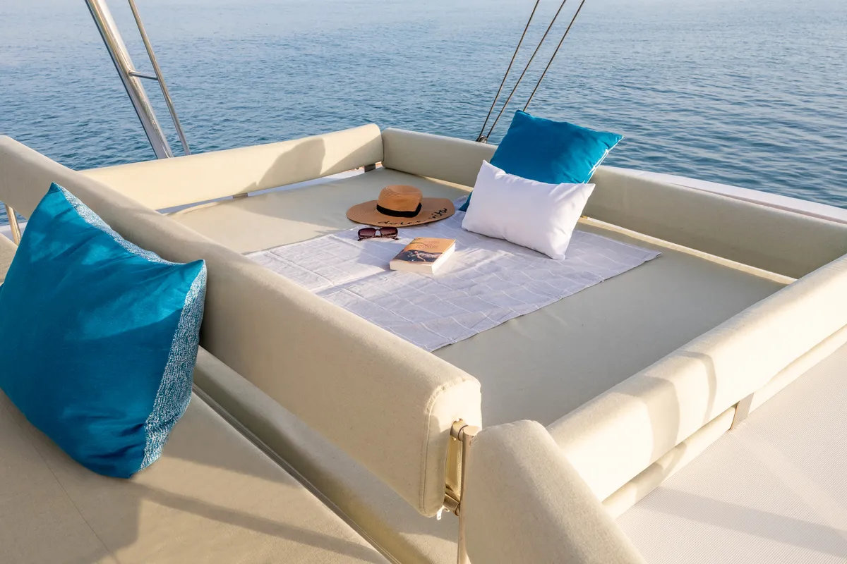 Deck of Mim Ocean 3, a Bali 5.4 catamaran at Port d'Andratx, Spain