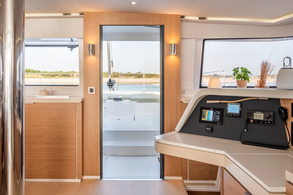 Cockpit of Mim Ocean 3, a Bali 5.4 catamaran at Port d'Andratx, Spain