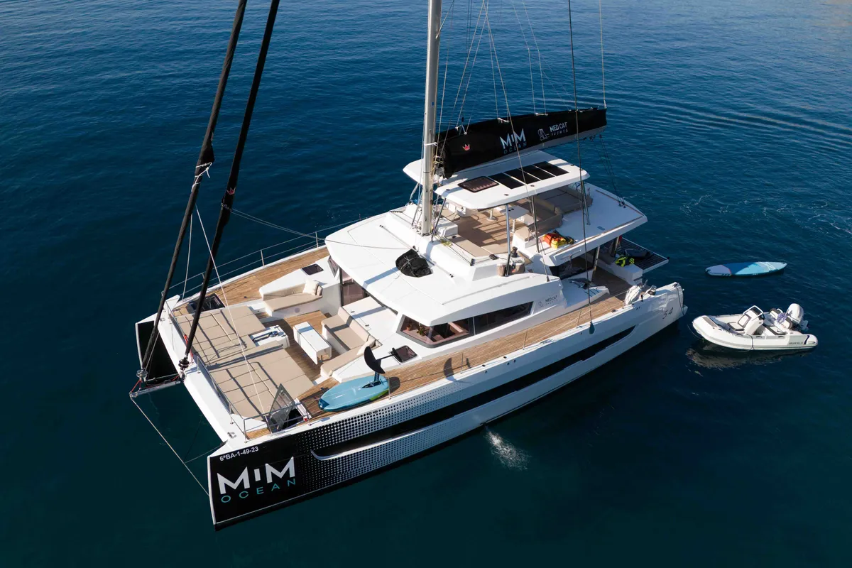 Exterior view of Mim Ocean 3, a Bali 5.4 catamaran at Port d'Andratx, Spain