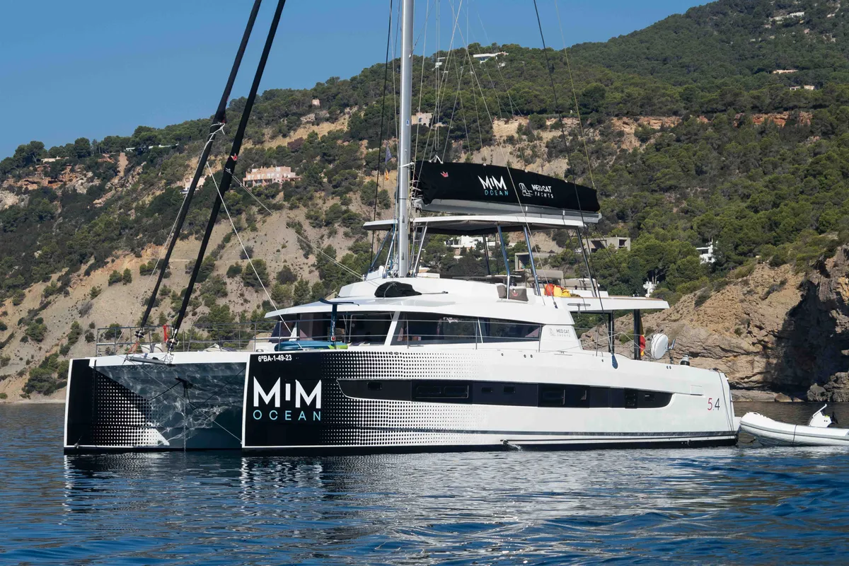 Exterior view of Mim Ocean 3, a Bali 5.4 catamaran at Port d'Andratx, Spain