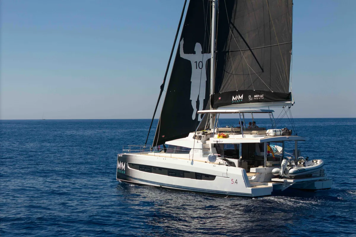 Exterior view of Mim Ocean 3, a Bali 5.4 catamaran at Port d'Andratx, Spain