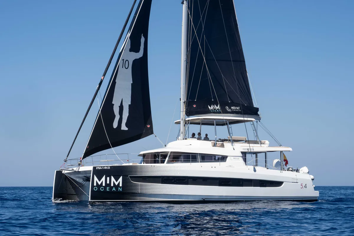 Exterior view of Mim Ocean 3, a Bali 5.4 catamaran at Port d'Andratx, Spain