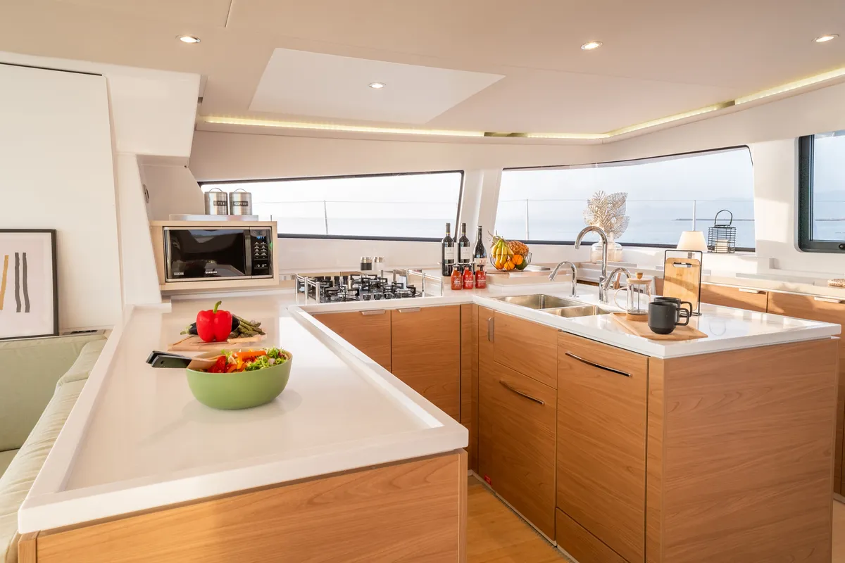 Galley of Mim Ocean 3, a Bali 5.4 catamaran at Port d'Andratx, Spain