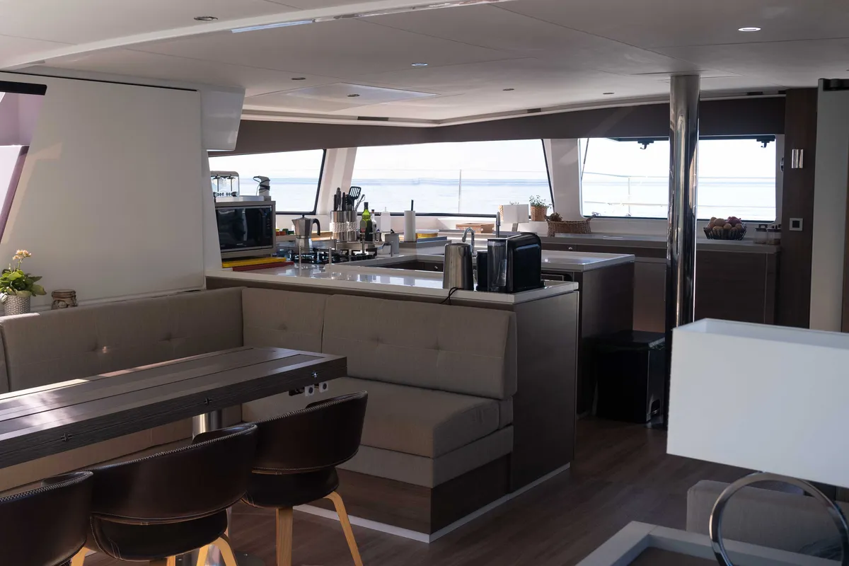 Salon of Mim Ocean 3, a Bali 5.4 catamaran at Port d'Andratx, Spain