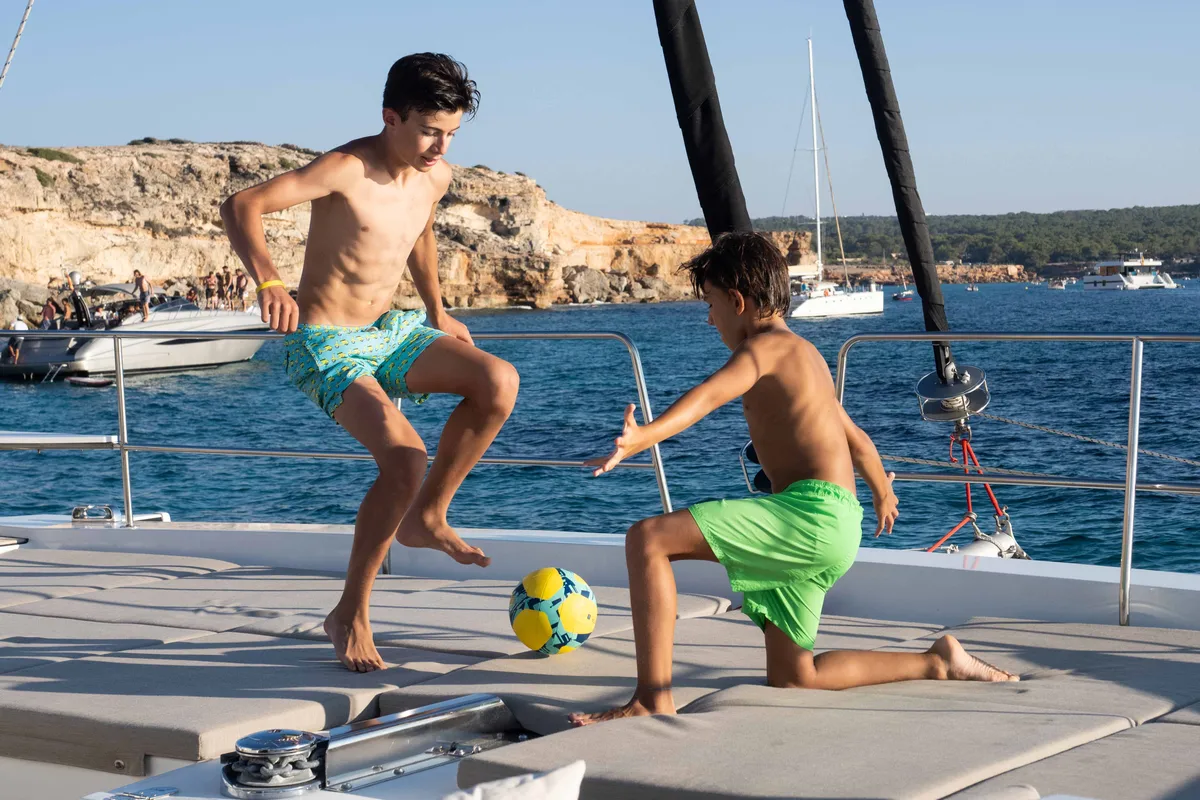 Deck of Mim Ocean 3, a Bali 5.4 catamaran at Port d'Andratx, Spain