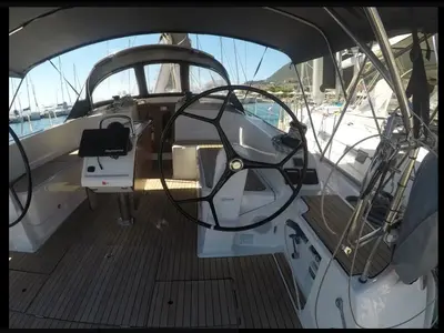 Cockpit of Classic, a Bavaria 46 sailboat at Municipal Unit of Lefkada, Greece