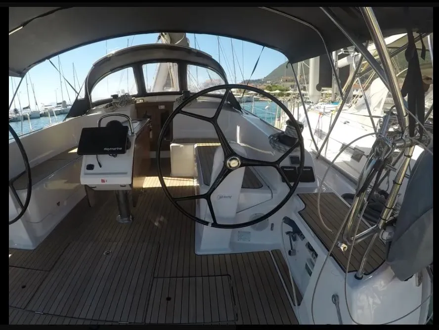 Cockpit of Classic, a Bavaria 46 sailboat at Municipal Unit of Lefkada, Greece