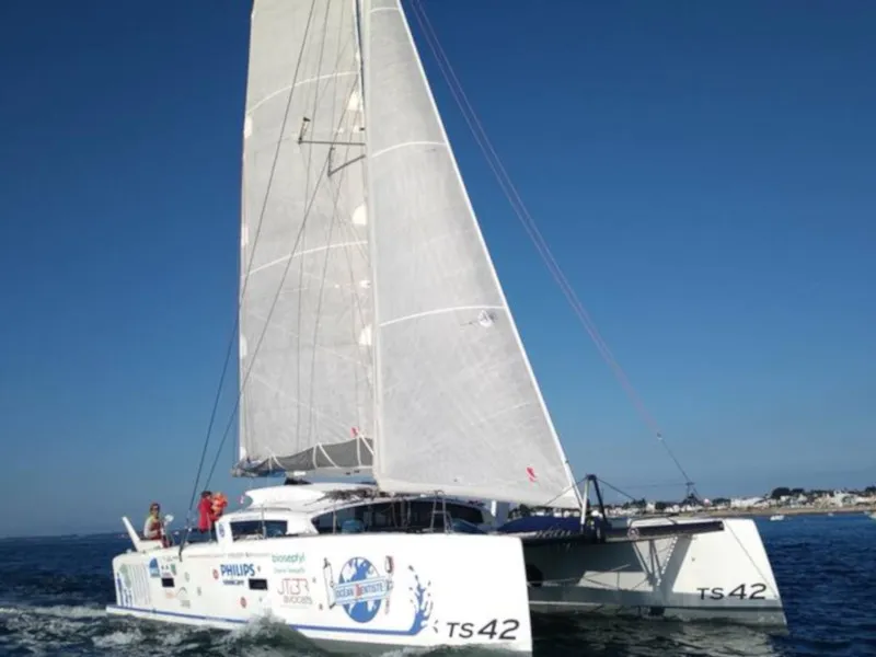 Exterior view of Castor, a Marsaudon Composites TS 42 catamaran at Pléneuf-Val-André, France