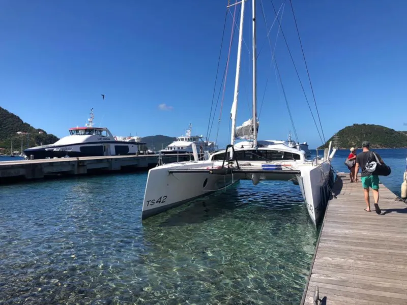 Exterior view of Castor, a Marsaudon Composites TS 42 catamaran at Pléneuf-Val-André, France