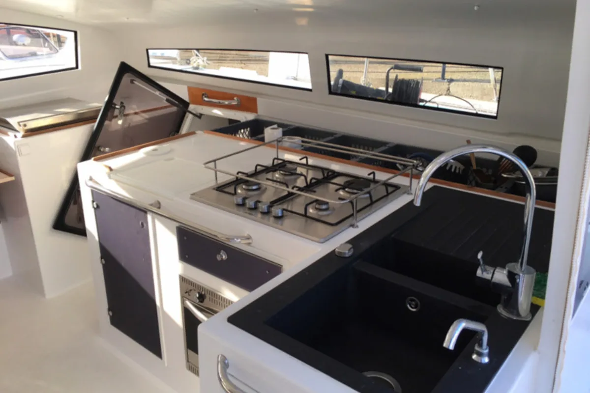 Galley of Castor, a Marsaudon Composites TS 42 catamaran at Pléneuf-Val-André, France