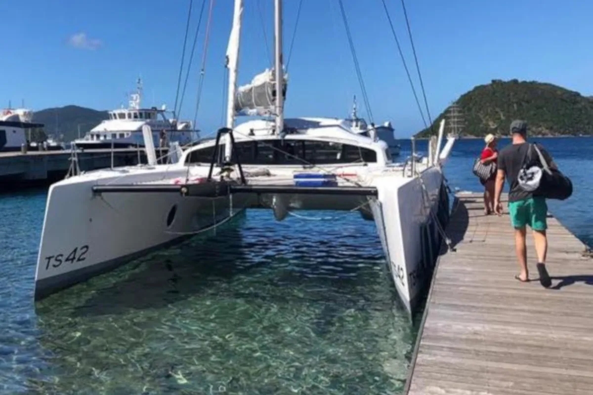 Exterior view of Castor, a Marsaudon Composites TS 42 catamaran at Pléneuf-Val-André, France