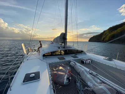 Deck of Castor, a Marsaudon Composites TS 42 catamaran at Pléneuf-Val-André, France