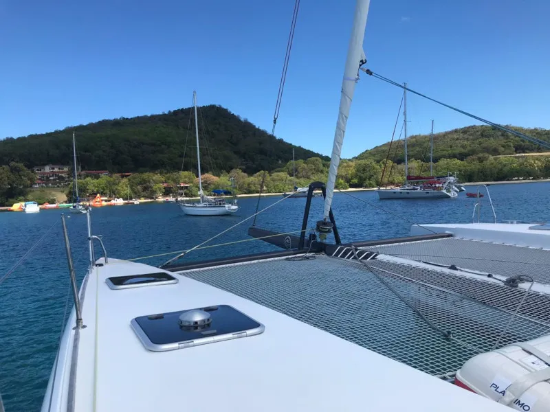 Deck of Castor, a Marsaudon Composites TS 42 catamaran at Pléneuf-Val-André, France