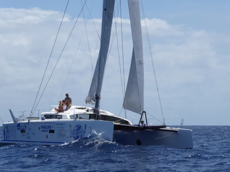 Exterior view of Castor, a Marsaudon Composites TS 42 catamaran at Pléneuf-Val-André, France