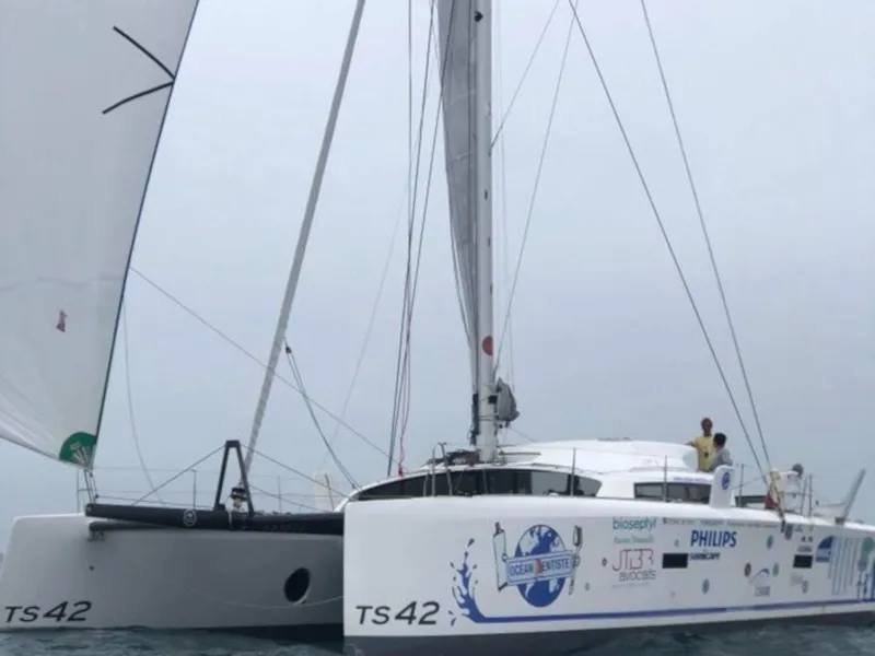 Exterior view of Castor, a Marsaudon Composites TS 42 catamaran at Pléneuf-Val-André, France