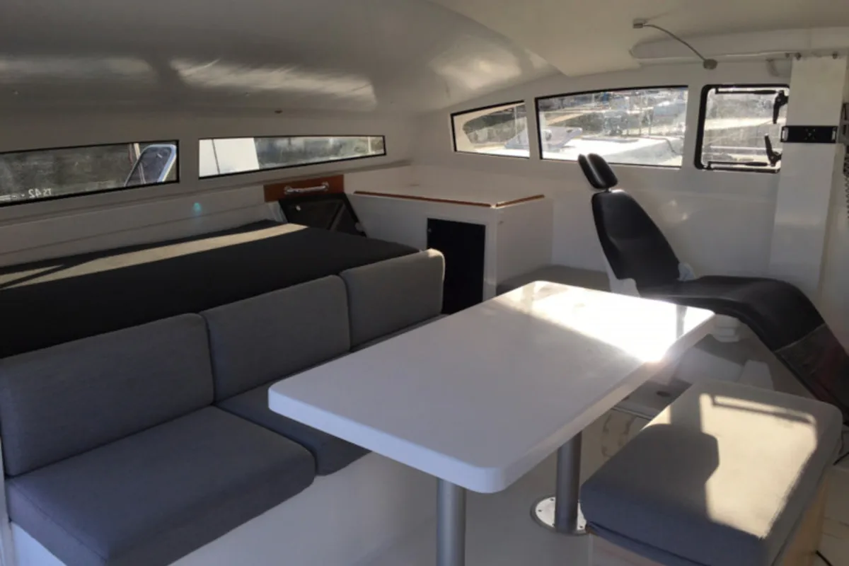 Salon of Castor, a Marsaudon Composites TS 42 catamaran at Pléneuf-Val-André, France