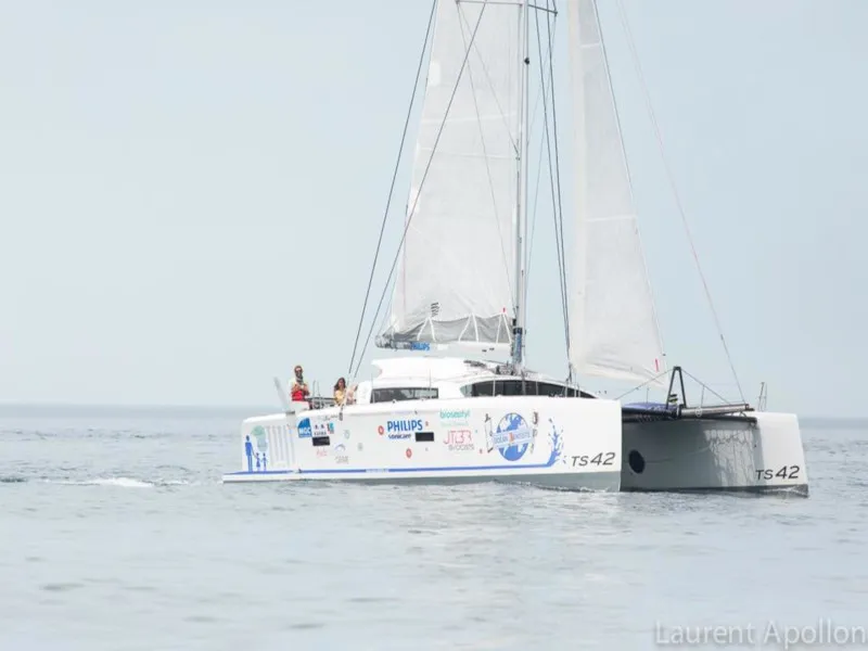 Exterior view of Castor, a Marsaudon Composites TS 42 catamaran at Pléneuf-Val-André, France
