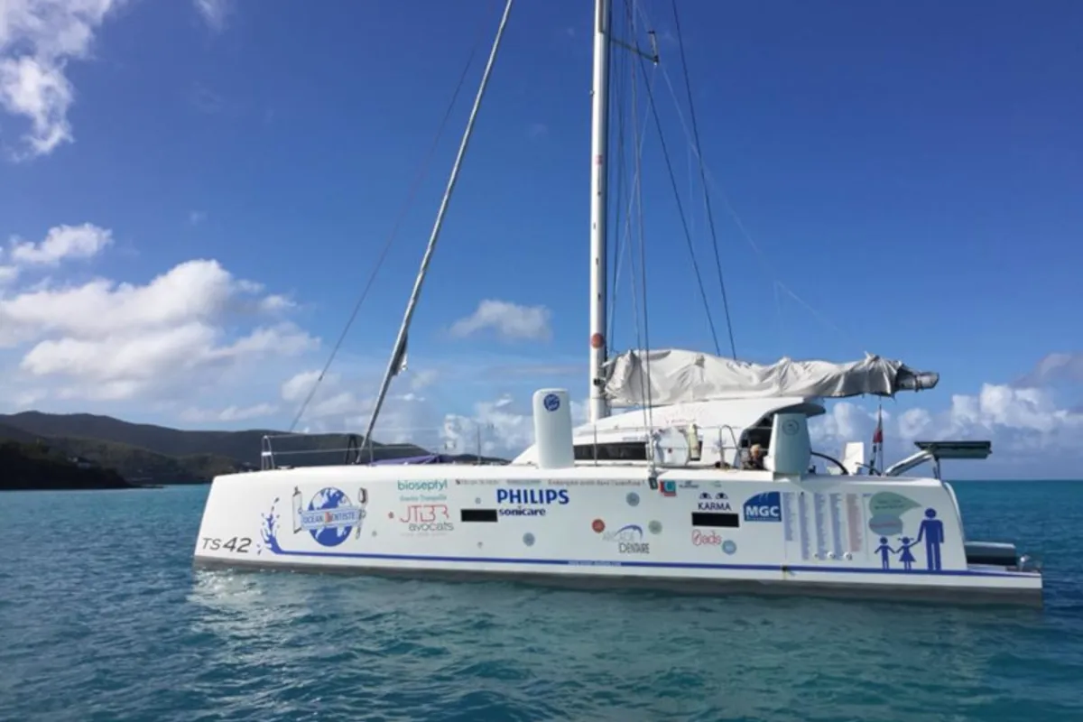 Exterior view of Castor, a Marsaudon Composites TS 42 catamaran at Pléneuf-Val-André, France