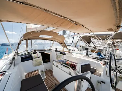 Cockpit of Amersa, a Jeanneau Sun Odyssey 409 sailboat at Lavreotiki Municipal Unit, Greece