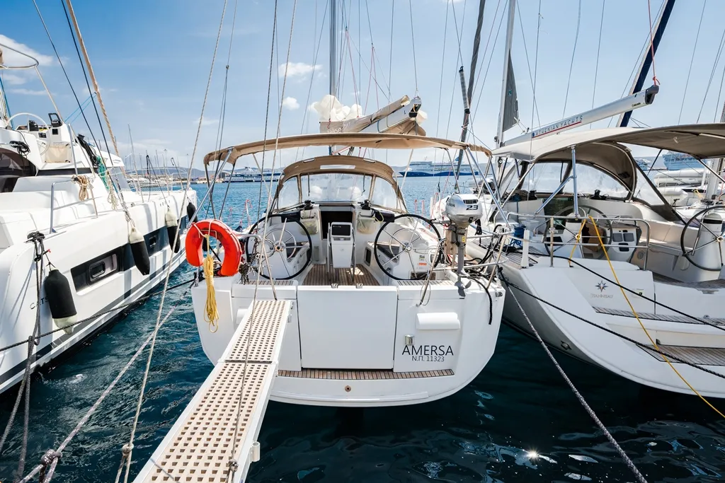 Exterior view of Amersa, a Jeanneau Sun Odyssey 409 sailboat at Lavreotiki Municipal Unit, Greece