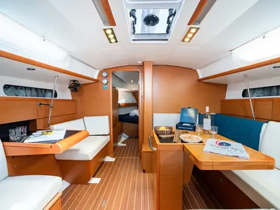 Salon of Amersa, a Jeanneau Sun Odyssey 409 sailboat at Lavreotiki Municipal Unit, Greece