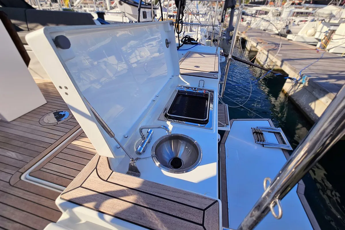 Deck of Fortissimo, a Dufour 44 sailboat at Kaštela, Croatia