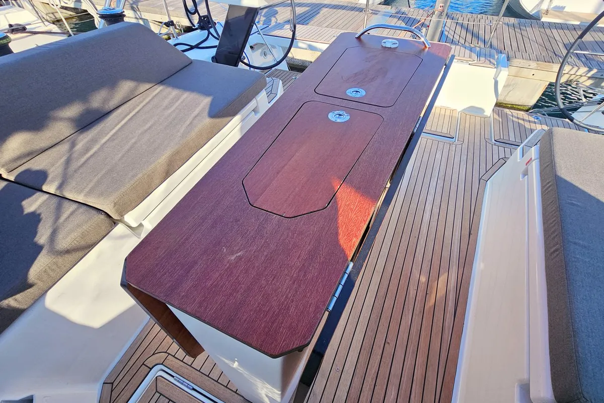 Deck of Fortissimo, a Dufour 44 sailboat at Kaštela, Croatia