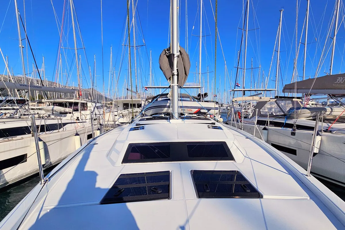Exterior view of Fortissimo, a Dufour 44 sailboat at Kaštela, Croatia