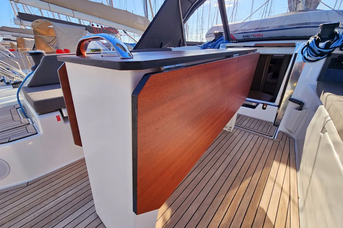 Deck of Fortissimo, a Dufour 44 sailboat at Kaštela, Croatia