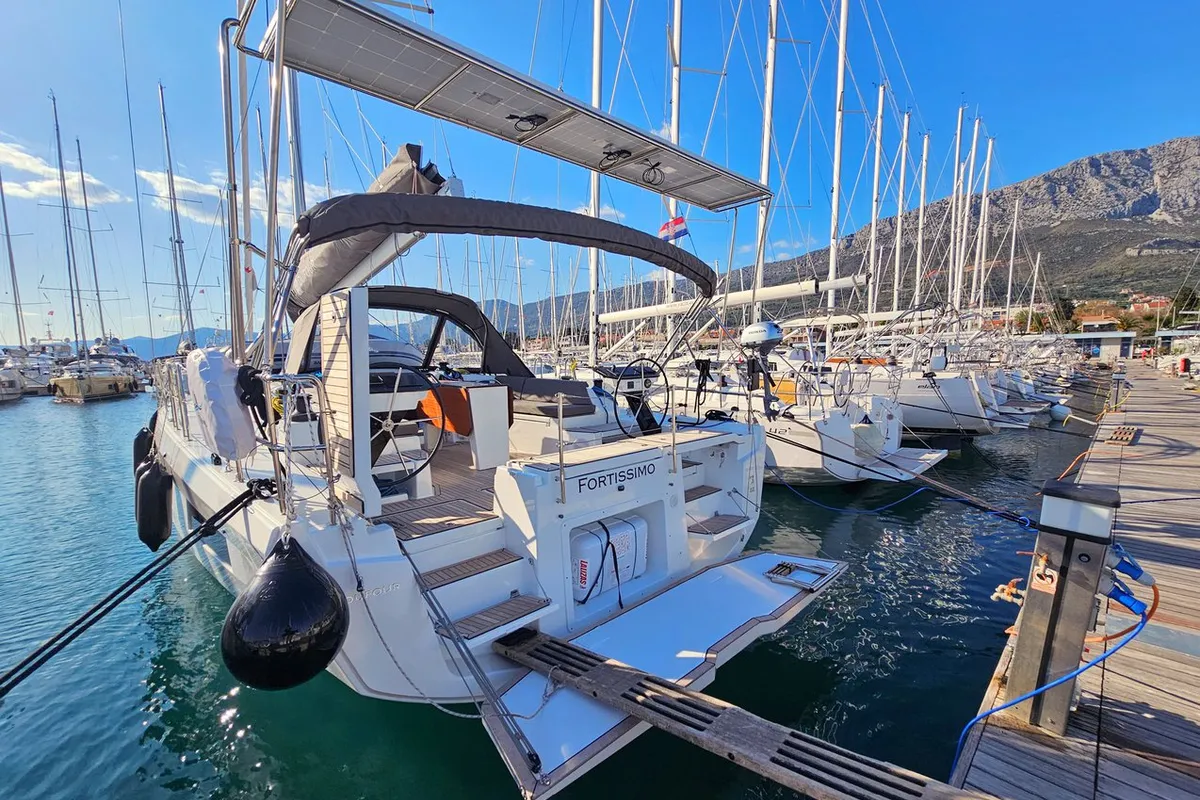 Exterior view of Fortissimo, a Dufour 44 sailboat at Kaštela, Croatia