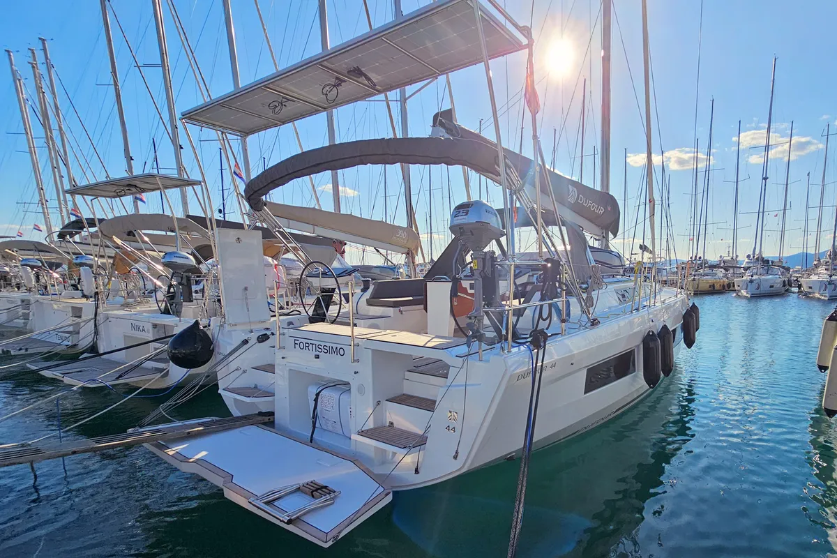 Exterior view of Fortissimo, a Dufour 44 sailboat at Kaštela, Croatia